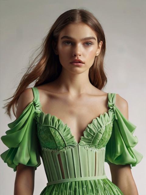 فستان باللون الأخضر off shoulder من الموسلين وأكمام كاب