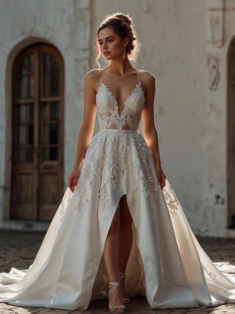 Wedding dresses with long slits for short brides